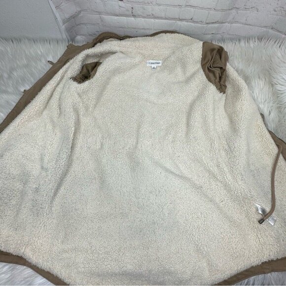 Calvin Klein Women’s Tan Hooded Sherpa Mid-Length Coastal Parka Coat S/C41 - Picture 6 of 16